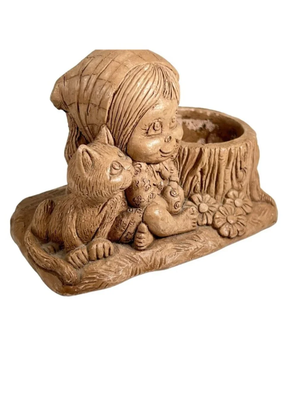 Vtg Wallace Berrie Ceramic Candleholder Planter Girl Cat USA 1975 Signed Smiles
